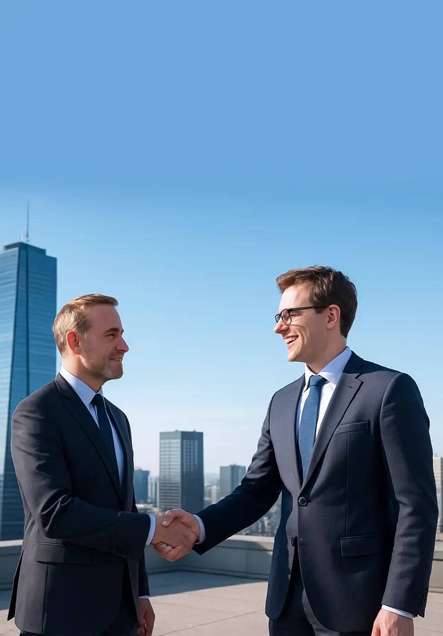 Two businessmen shaking hands with a city skyline in the background