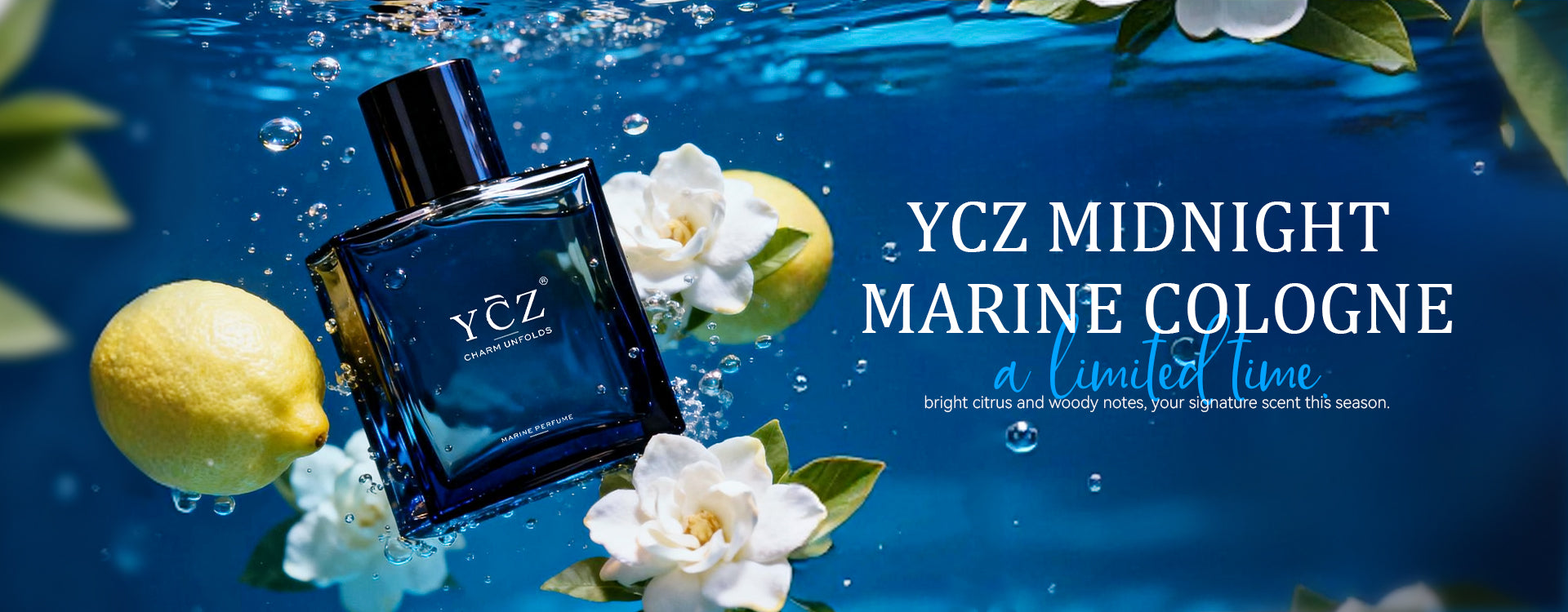 YCZ Midnight Marine cologne bottle with lemons and flowers underwater, promotional text overlay.